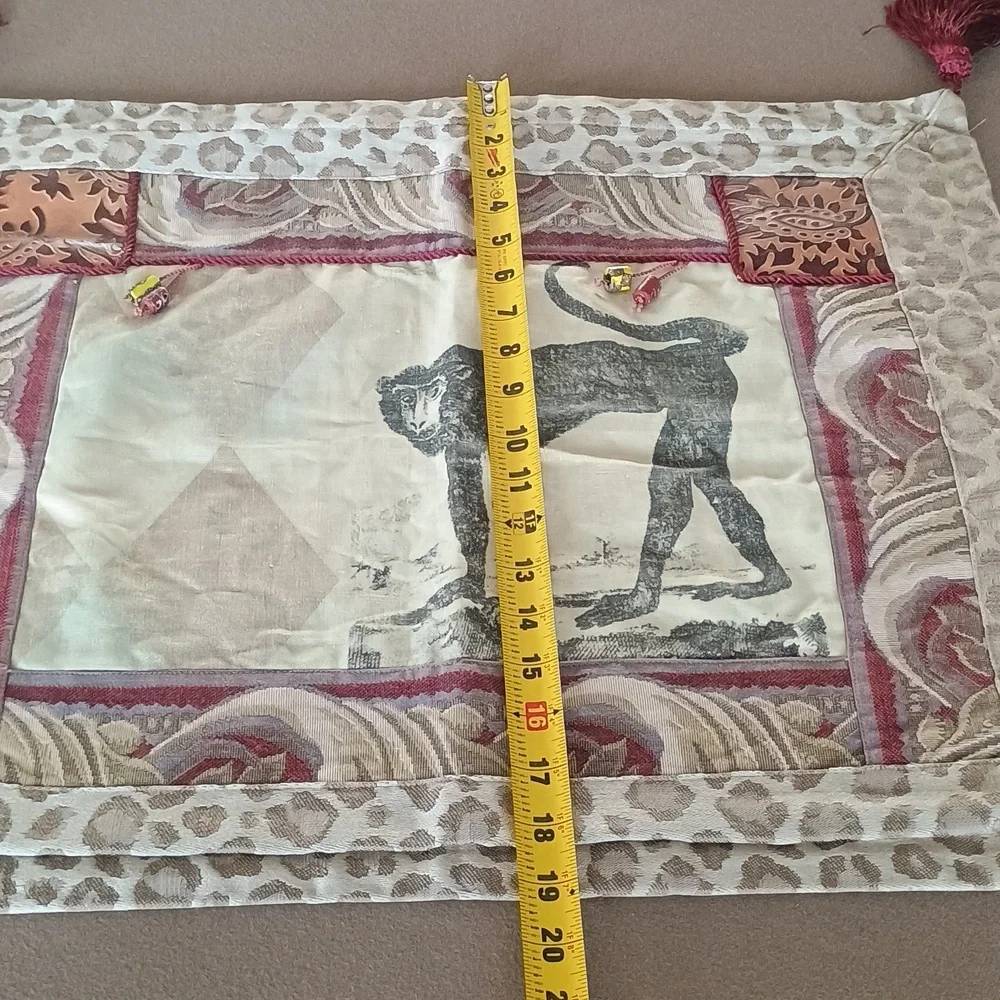 PILLOW SHAMS SET OF TWO WITH MONKEYS AND TASSELS BURGUNDY TAN LEOPARD PRINT